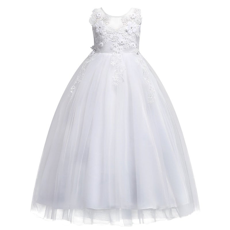 IWEMEK Lace Flower Girls Bridesmaid Wedding Party Birthday Princess Pageant Formal Tulle Long Dress Ball Gown Baby Kids 5-14T White 11-12 Years - Image 1